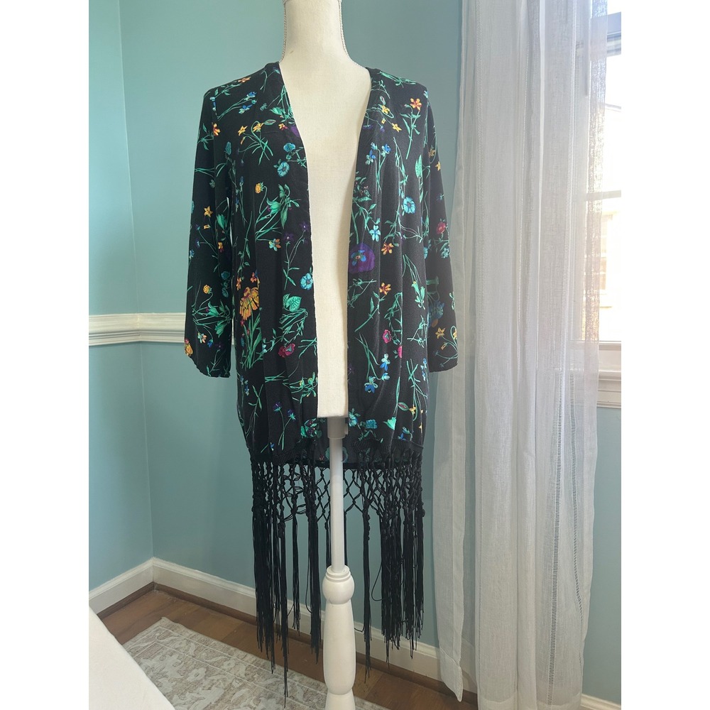 Copper Key Floral Fringe Kimono Cardigan Black Rayon Boho Festival Wrap S/M